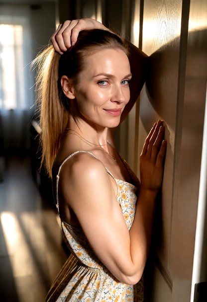 Location: a dimly lit apartment hallway just inside the doorway, with soft afternoon light filtering through a nearby…