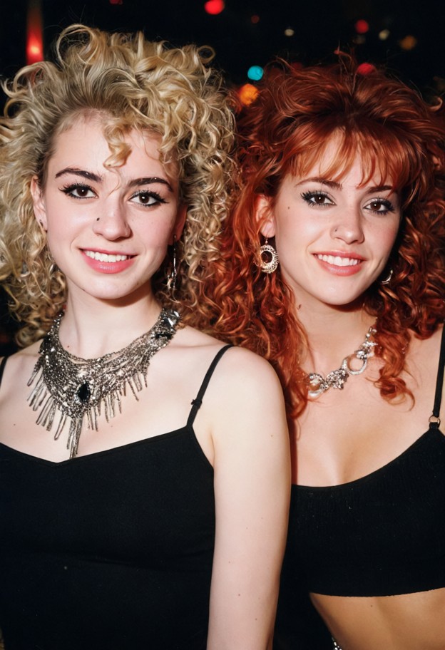 summary: a photorealistic high-quality color professional photograph of two young women with 1980s nightclub styling …