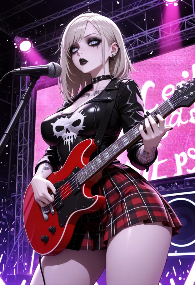 1girl,standing,singing,perky breasts: 2.5,pointy tits: 2.5,wide_hips: 2.5,playing_instrument,electric_guitar,punk out…