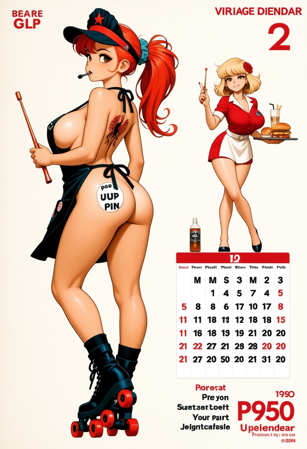 full body shot,(vintage 1950s pin-up calendar art:1.9). a cheerful waitress with a ponytail and a small soda-fountain…