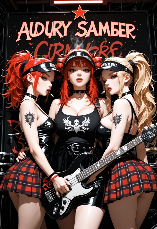 ((group of four distinct women)) posing together,(four separate female band members:1.7),industrial band aesthetic. (…