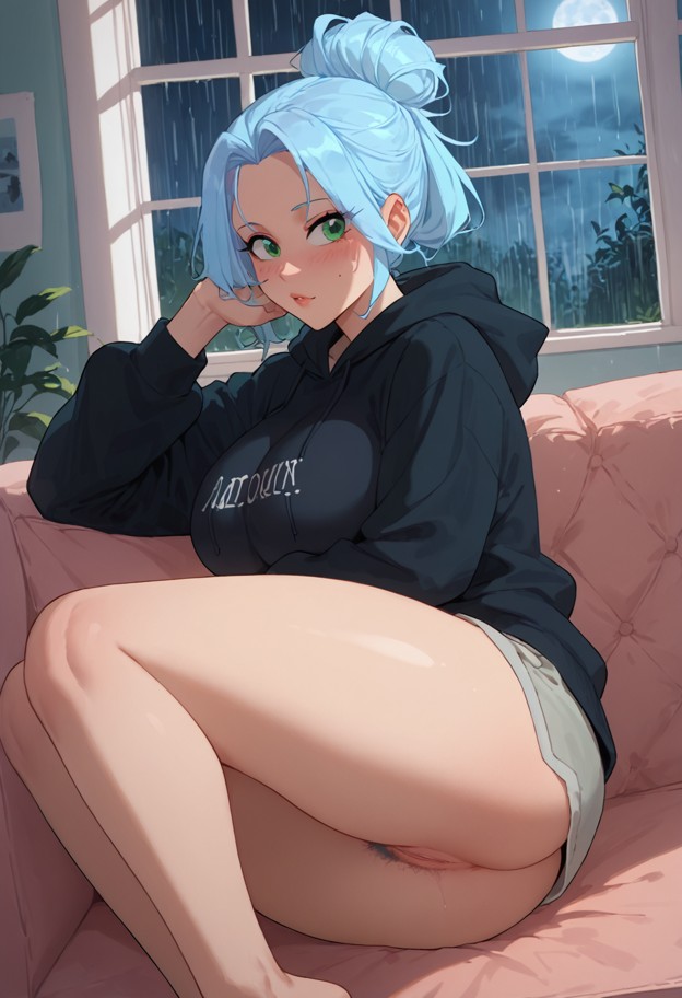 she is sitting on the couch covering her face with both hands,black oversized hoodie,black bra,grey cotton shorts,coz…