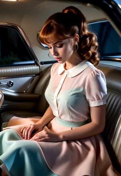 Location: inside the back seat of a vintage Ford Thunderbird parked at Lookout Point, where the soft moonlight create…