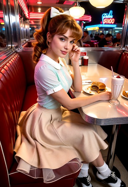 Location: a bustling 1950s diner at night, filled with the warm glow of neon signs and polished chrome accents reflec…