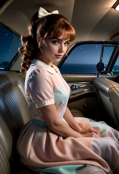 Location: inside the back seat of a vintage Ford Thunderbird parked at Lookout Point under a vast, starlit sky, where…