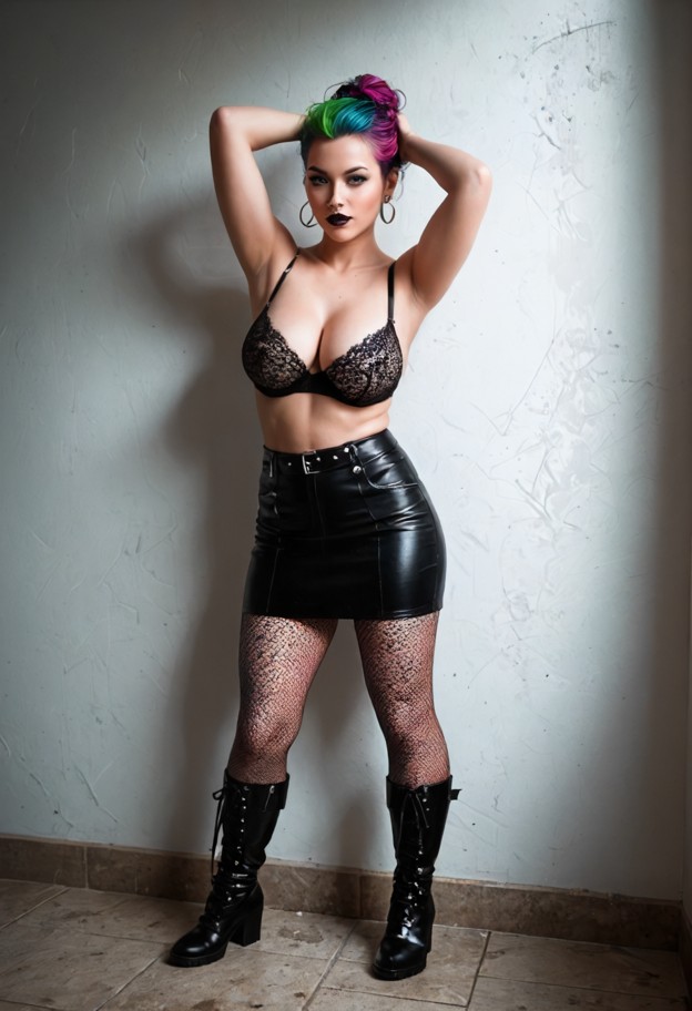 ivy is standing against the wall with legs spread and hands in hair,black mesh bra,short cargo skirt,fishnet tights,s…