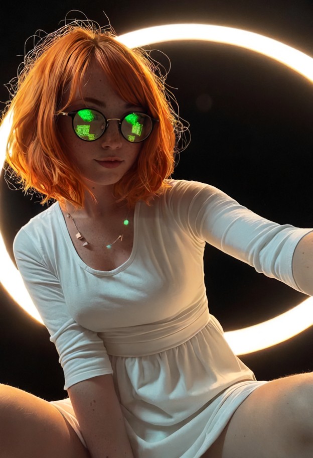 she is is sitting on a glowing golden circle,white tunic,dark pixelated techno-dungeon,selfie closeup,low angle,cinem…