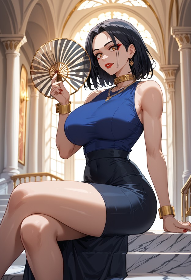 she is sitting in a silver wheelchair waving a paper fan,silk blue blouse,black skirt,large luxurious mansion hallway…