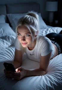 Mia is lying on her stomach on the bed. She looks at her phone with a coy expression while her eyes move slightly beh…