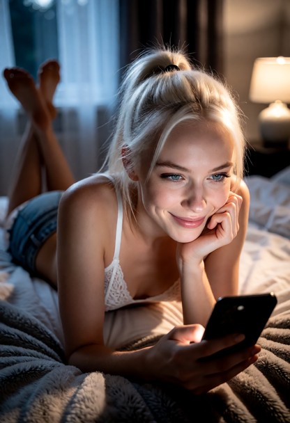 Location: late evening in a dim bedroom with soft moonlight filtering through the window and the warm, artificial glo…