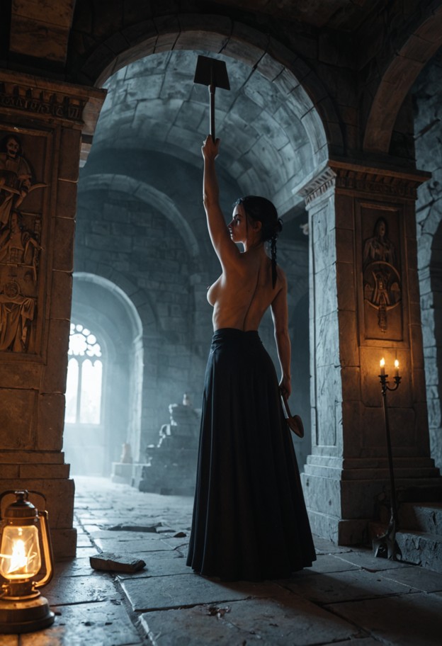 cinematic
 dark fantasy masterpiece,interior of a dark ancient gothic crypt,thick swirling supernatural mist and dens…