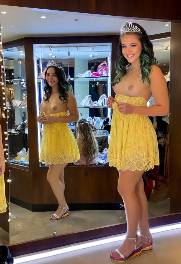abby is smiling while adjusting a silver tiara in front of a mirror,yellow sundress,colorful patterned sandals,silver…