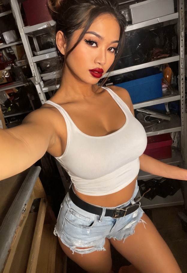 she is,she is sliding hands down his chest towards his belt,white tank top,tiny denim shorts,small storage room,metal…