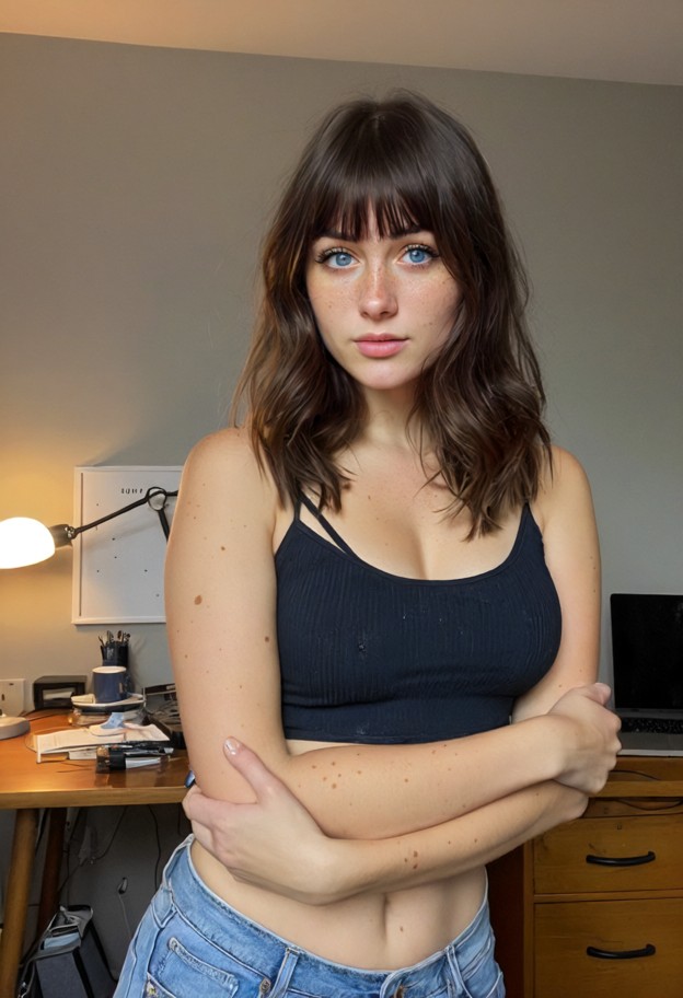 she is leans against a desk with arms crossed,black cotton crop top,ripped blue denim jeans,dim bedroom,desk lamp,med…