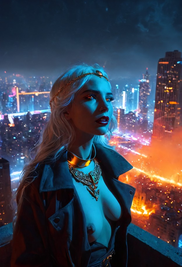 breathtaking wide view from a skyscraper ledge,looking down at an endless sea of neon city lights and flying vehicles…
