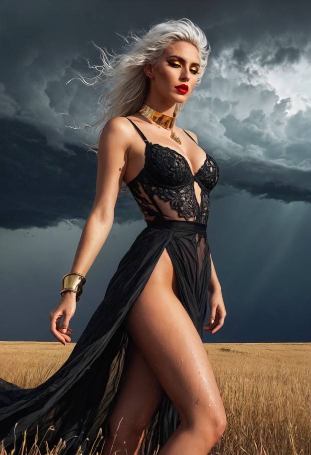 standing alone in a vast open landscape while an enormous hurricane approaches behind her. she wears an extremely dar…