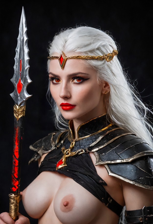 a dark,seductive female warrior,upper body focus,pale skin,long white hair flowing in the wind,hard nipples,glowing r…