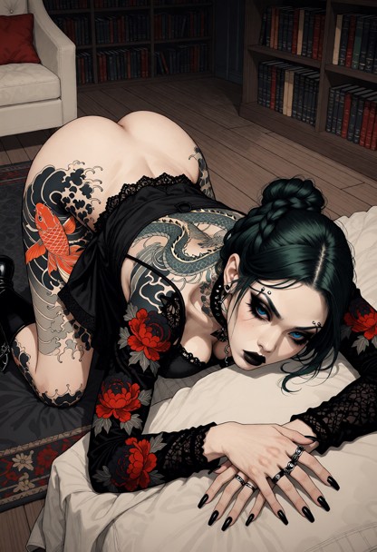 The scene is set in a private library with bookshelves, an armchair, a rug, and a wooden floor., Woman is styled in g…