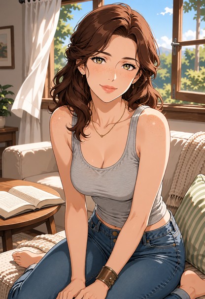 1girl, late 30s, soft hourglass figure, warm fair skin with light freckles on shoulders, chestnut-brown loose waves h…