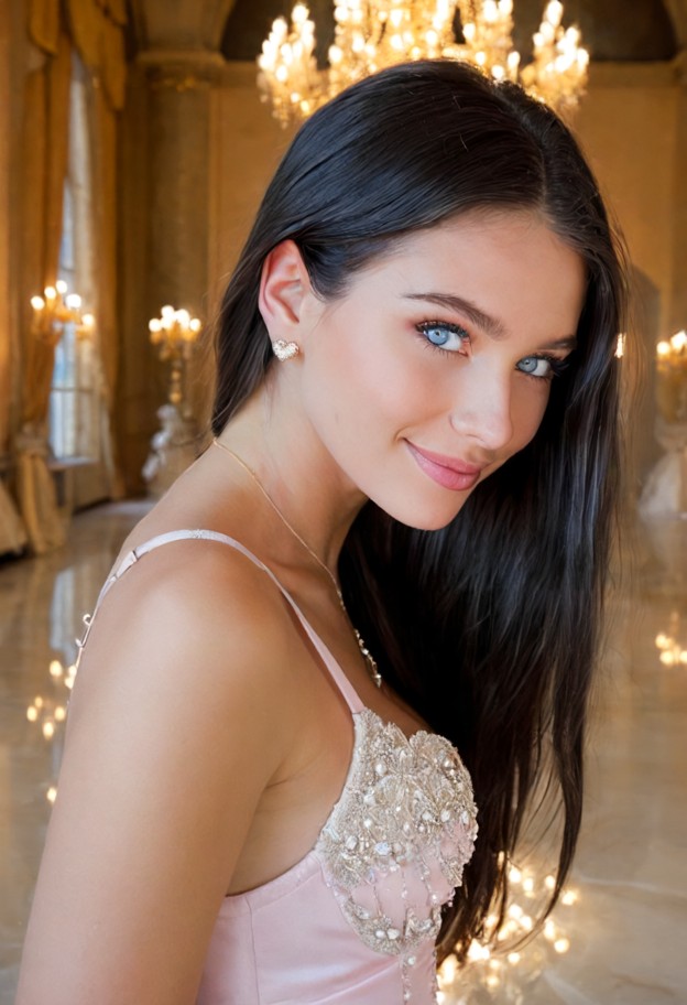 a she is is smiling and tucking hair behind her ear,pale pink princess dress,pearl-embroidered bodice,grand ballroom,…