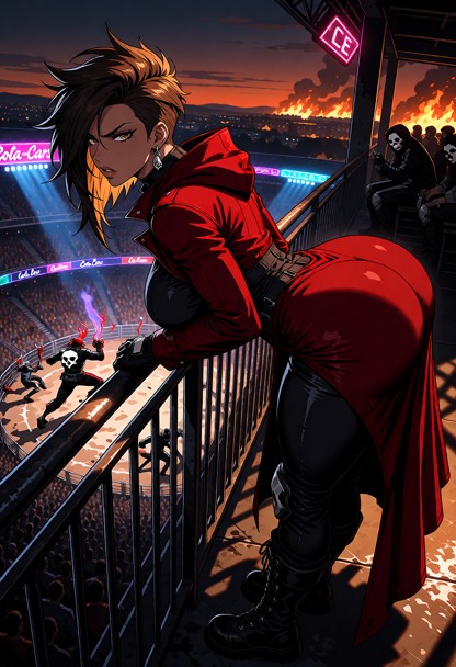 Location: high above the Cola-Cars Arena at dusk, where the flickering neon lights of the stadium clash with the oran…