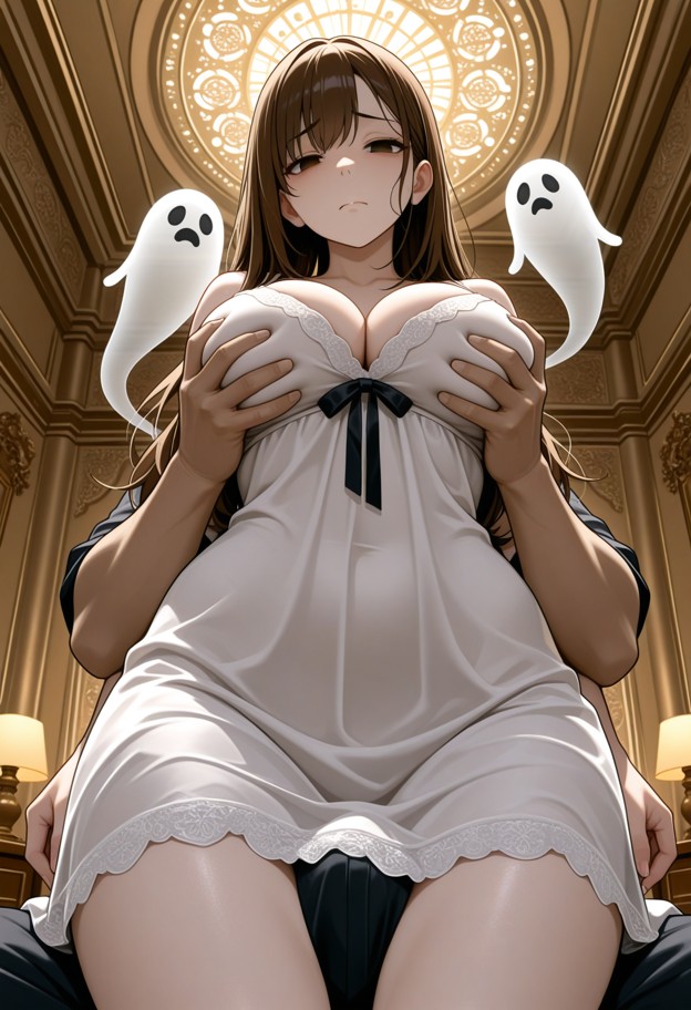 1girl,1guy,she is floating above the viewer,she is a ghost,hair floating around her,haunting face,hands groping man's…
