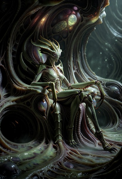 alien queen environment, organic hive structure, dark sci-fi bio-organic setting, inspired by zerg aesthetic but orig…