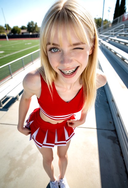Location: bright afternoon at an outdoor sports stadium with sun-drenched bleachers, green turf in the distance, and …