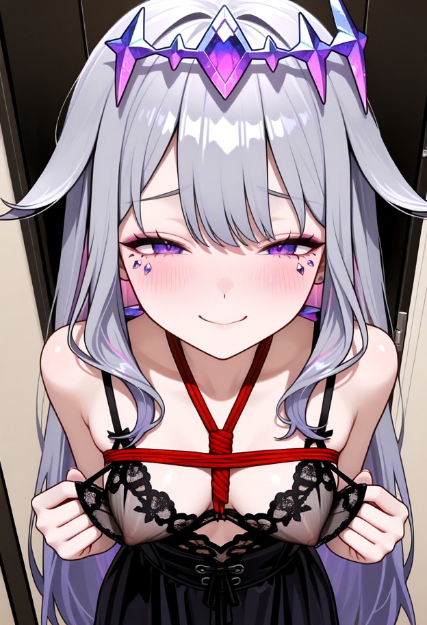 solo,wearing dress,pulling bra down (revealing nipples) front view,facing viewer,shy,shy smile,blushing cheeks,gentle…