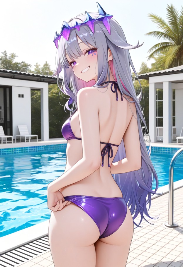 1girl,solo,standing,back to viewer,looking_back,adjusting bikini,purple bikini,smug grin,embarrassed,blushing,full-bo…