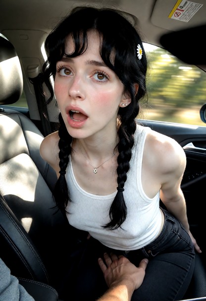 Location: interior of a moving car during a bright afternoon with sunlight flickering through the windows as it passe…