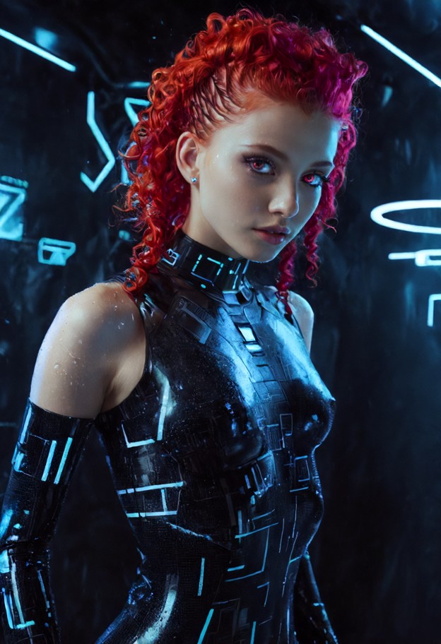 confident female hacker surrounded by enormous holographic interfaces,futuristic black fashion,silver accessories,glo…
