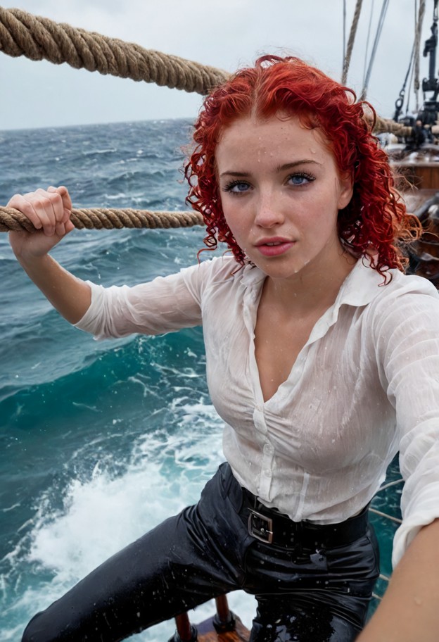 dynamic low-angle action shot looking up at a brave woman climbing high in the rigging of a wooden frigate. she is we…