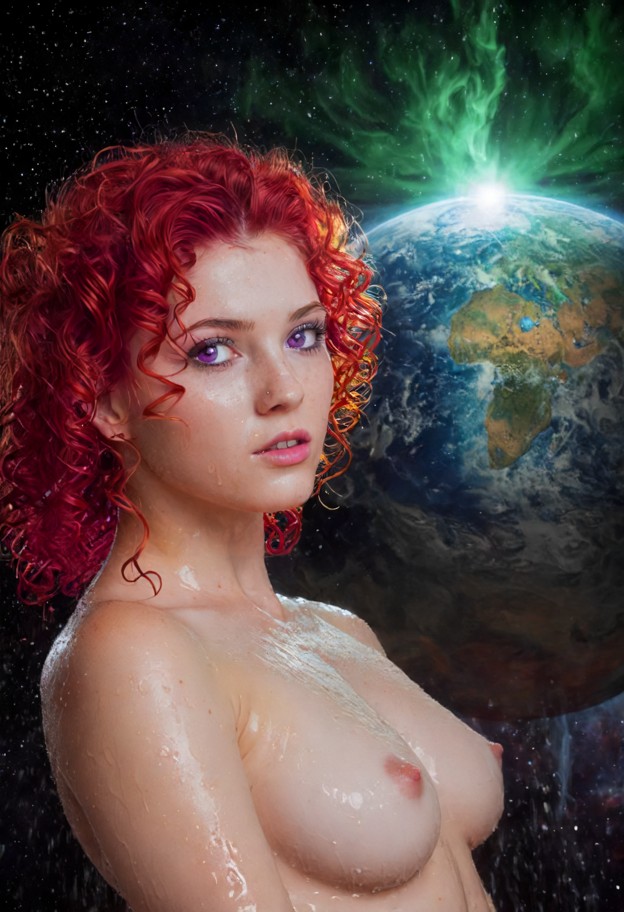 three goddesses in a circular formation,surrounding a large,primordial planet in the center. their faces show a mixtu…