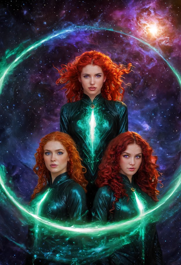 three goddesses in a circular formation,surrounding a large,primordial planet in the center. their faces show a mixtu…