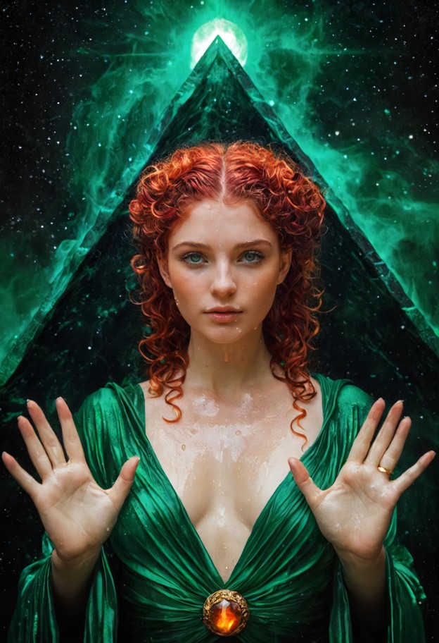 three ethereal goddesses positioned in a triangular formation within a vast emerald and copper galaxy. together,they …