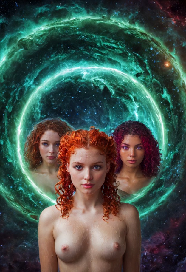 three goddesses in a circular formation,surrounding a large,primordial planet in the center. their faces show a mixtu…