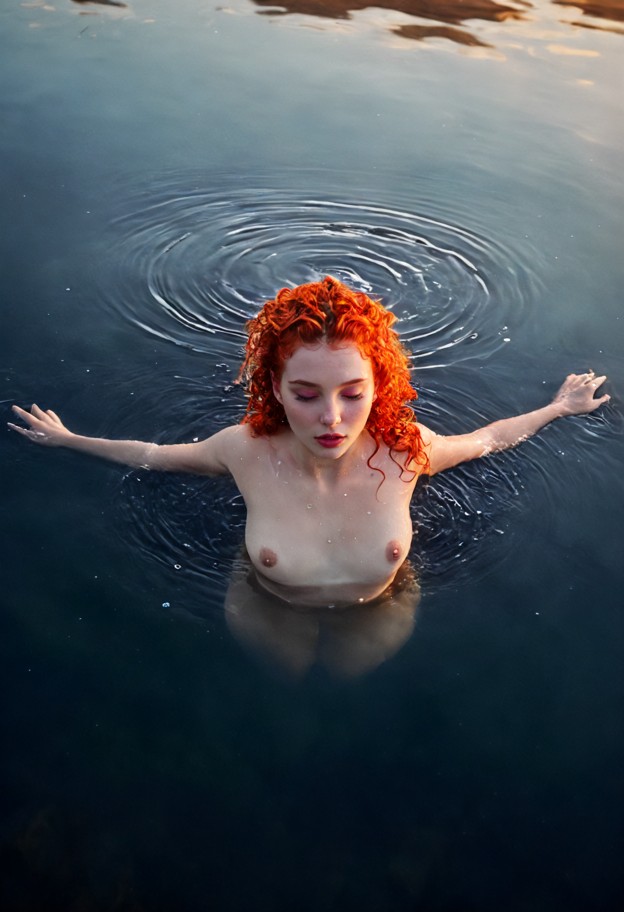a breathtaking,high-fashion fine-art photograph capturing a moment of pure weightlessness and serene sensuality from …