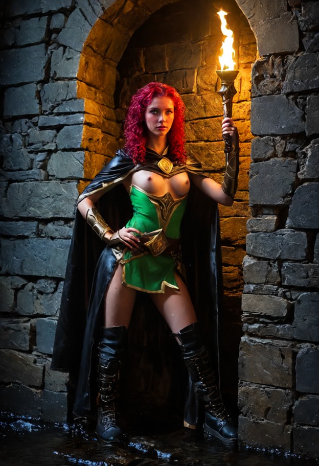 a she is character stands near a glowing portal on a dark stone tower,looking at viewer,wearing torn green leather ar…
