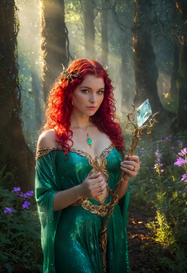 a beautiful petite woman with long wavy hair wearing elegant emerald-and-silver enchanted robes decorated with glowin…