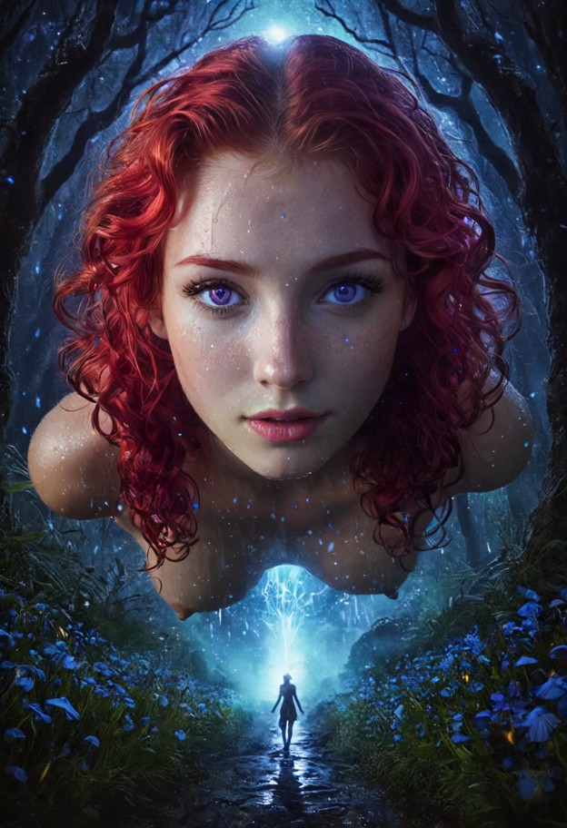 fiora flying through a magical forest at midnight,glowing mushrooms and blue flowers illuminating the path beneath he…