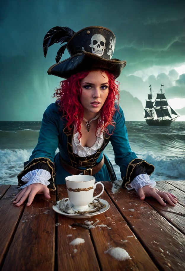 (vertical composition:1.3),dark maritime fantasy,(haunted pirate ship deck:1.2),long weathered wooden table made of s…