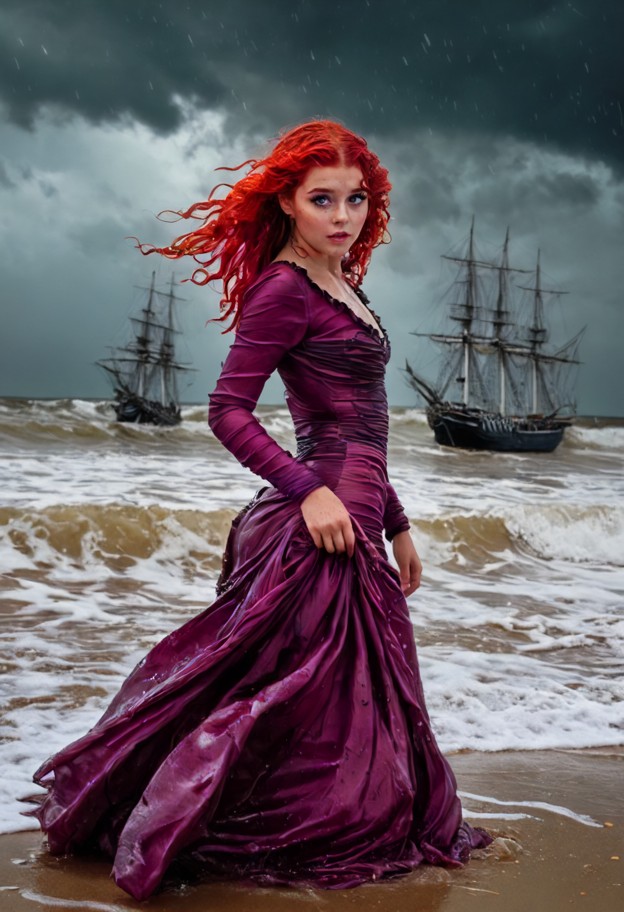 cinematic shot of a woman on a stormy beach,wearing a flowing,translucent ruby-red silk dress that billows dramatical…