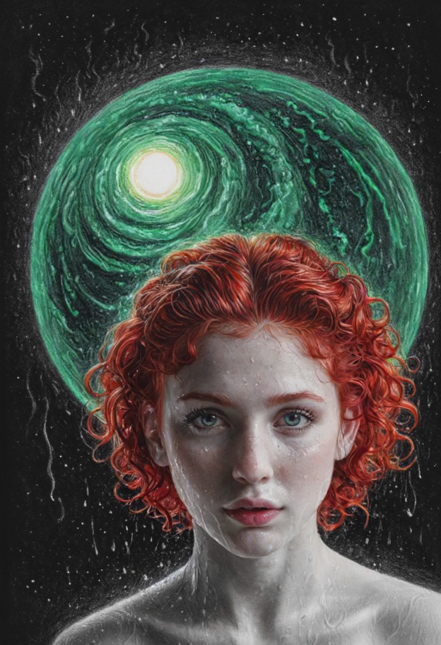 three goddesses in a circular formation,surrounding a large,primordial planet in the center. their faces show a mixtu…