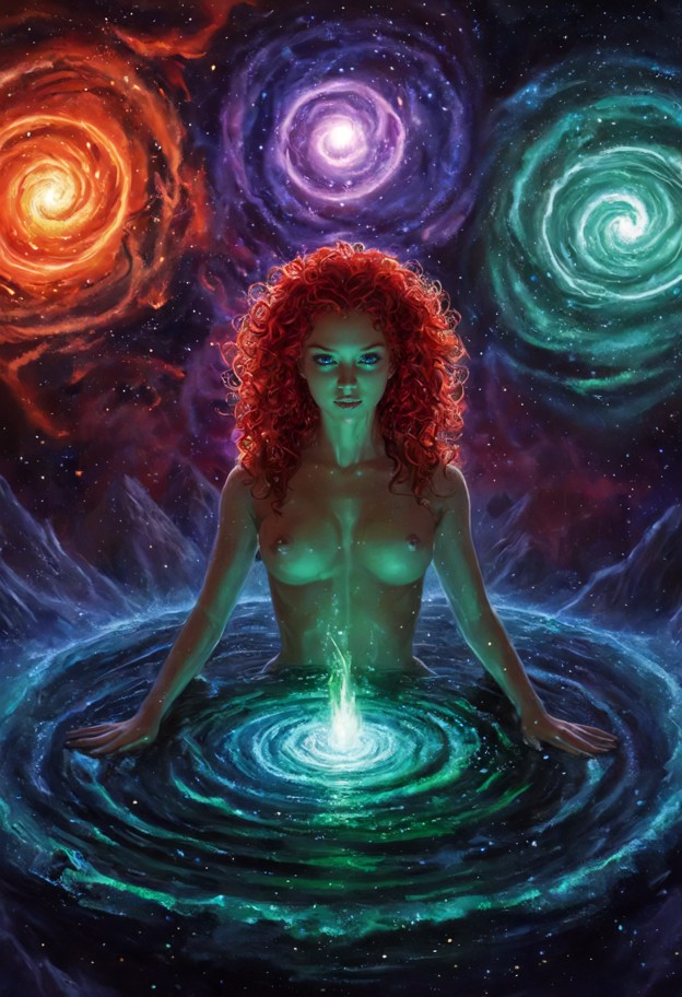 three goddesses in a circular formation,surrounding a large,primordial planet in the center. their faces show a mixtu…