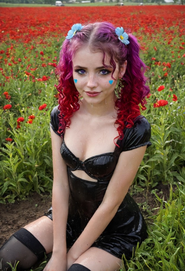 she is sitting in a flower field,solo,black dress,cleavage cutout,short sleeves,thighhighs,garter straps,multicolored…