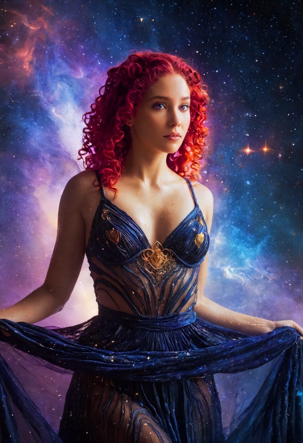 a celestial goddess standing in the heart of a vibrant cosmic nebula,her hands gracefully sculpting a glowing,molten …