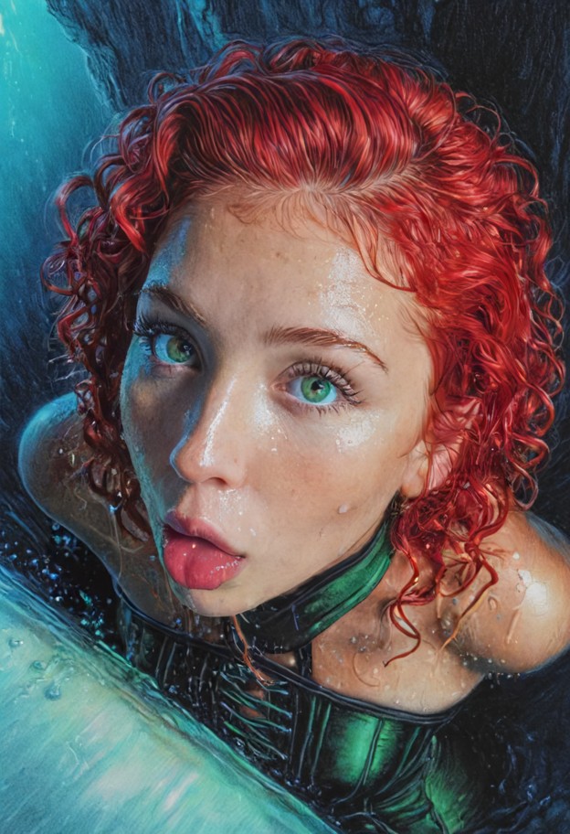 mera is about to kiss pov,she is,solo,about to kiss pov,(close up,forming lips) facing viewer,blowing kiss,green and …