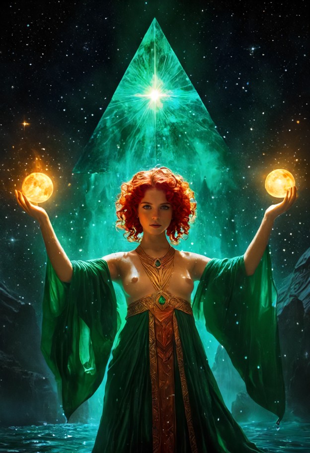 three ethereal goddesses positioned in a triangular formation within a vast emerald and copper galaxy. together,they …