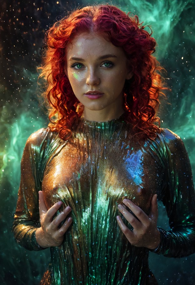 a divine woman standing amidst a swirling cosmic nebula of deep emerald green and metallic copper dust. her hands are…
